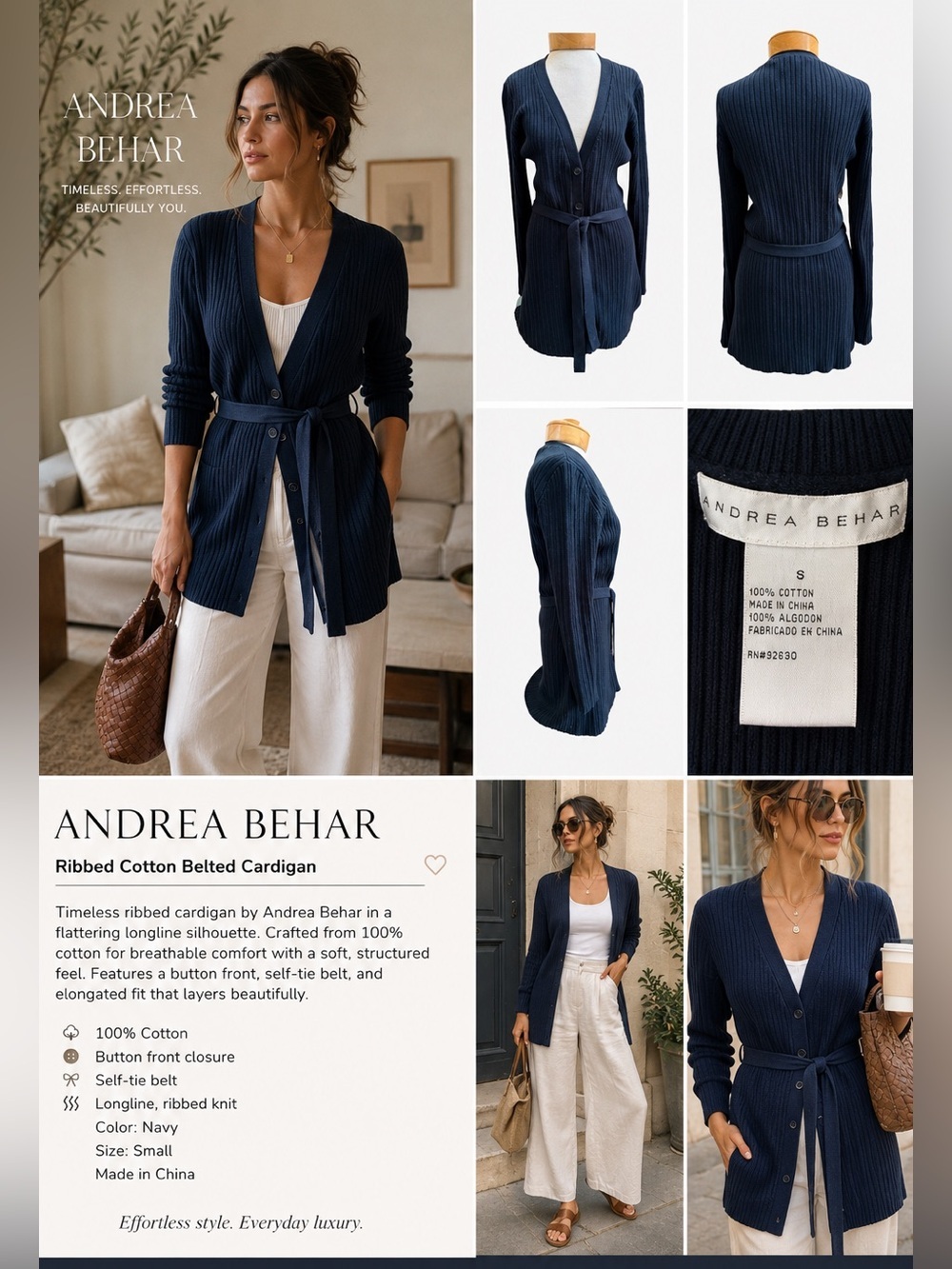 Andrea Behar Navy Ribbed Cotton Belted Cardigan Sweater – Size Small